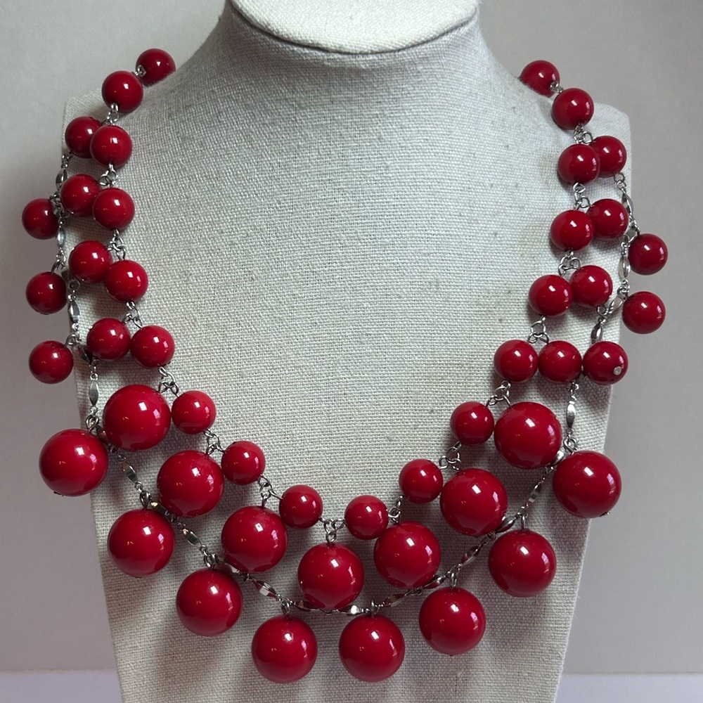 Retro Cherry Red Ball Bead Layered Strands Chain Link Cluster Acrylic Bib Choker